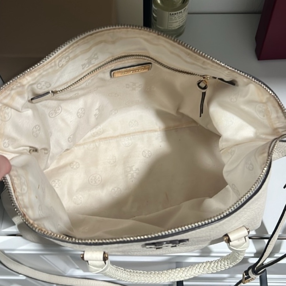 Tory Burch Ivory Leather Pebbles Tote Braided Handles and Detachable Strap 13x9 - Picture 2 of 5
